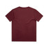 A maroon kids' t-shirt with short sleeves and a plain back, featuring a logo on the front.