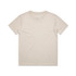 A beige kids' T-shirt featuring a simple design. It includes a brand logo tag on the inside.