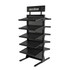 A black hat rack with six mesh shelves and a logo at the top, designed for displaying hats or accessories.
