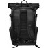 A black roll-top backpack featuring padded straps and a structured back panel, ideal for carrying essentials.