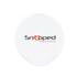 A round white case featuring a logo in black and orange. Ideal for storing small items or accessories.