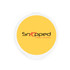 A round, yellow promotional product with a white border, featuring a black and red logo.