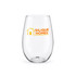 A drink bottle made of clear glass with a rounded shape and a logo in orange featuring a house design.