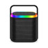 A compact black Bluetooth speaker with a colourful light band and a handle on top. It features control buttons on the surface.