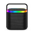 A black Bluetooth speaker with a coloured LED strip on top and a sturdy handle for portability.