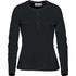 A women's long-sleeve henley shirt in black with a button placket and fitted design. It has a logo on the label.