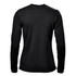 A black long-sleeve women's henley shirt with a textured fabric and a round neck. It features a logo on the back.