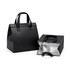 A black cooler bag with handles, featuring a silver insulated interior and a zippered top.