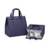 A navy blue insulated cooler bag with two handles and a metallic interior design. Features a structured shape.