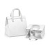 A white cooler bag with two handles, featuring an insulated interior and an open design. It has a simple logo.