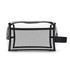 A transparent cosmetic bag with a black mesh interior and trim, featuring a sturdy zipper and handle.