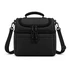 A black cooler bag with a handle, adjustable strap, and zipped compartments. It features a front pocket and has branding.