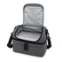 A grey cooler bag with a zippered opening, featuring an insulated silver interior and an adjustable shoulder strap.