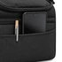 A black cooler bag with a phone and pen in an exterior pocket, featuring a zip closure and textured fabric.