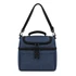 A navy blue cooler bag with a black strap and handle, featuring a zippered main compartment and front pocket.