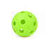 A bright green pickleball with holes. The ball features a smooth surface and a rounded shape.