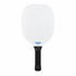 A white pickleball paddle with a black handle, featuring a logo on the side.