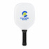 A white pickleball paddle with a black grip and a logo featuring a ball and paddle design.