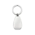 A silver keytag with a teardrop shape and a metal keyring attachment.