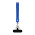 A blue wrist strap with a textured grip, featuring a keyring attachment and a black flat holder.
