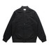 A black felt bomber jacket featuring a button-up front and side pockets. The jacket has a branded label inside.
