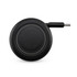 A black retractable car charger with a circular design and a connector for charging. Features a logo.