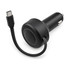 A black retractable car charger with a USB-C cable. It features a circular design and has a logo on it.