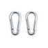 Two silver metal carabiners with a shiny finish and a spring-loaded latch.