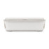 A white Meridian Double Tray Lunchbox with a smooth lid and handles on the sides. It features a logo.