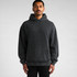 A dark grey hoodie with a front pocket and a hood, styled in a relaxed fit. Features a logo on the garment.