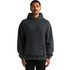A dark grey hoodie featuring a large front pocket and a hood, designed in a relaxed fit. It has a logo.