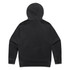 A black hoodie with a smooth fabric and a hood, featuring a logo on the back.