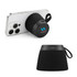 A black portable speaker with a textured finish, featuring a logo and a strap, placed against a smartphone.