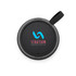 A round black speaker featuring a woven strap and a logo in blue and pink on the top surface.