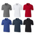 A collection of men's polo shirts in grey, white, red, blue, navy, and black, featuring a logo.
