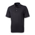 A black polo shirt with a button-up collar and short sleeves, featuring a logo on the chest.