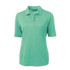 A green women's polo shirt featuring a collar and short sleeves, with a three-button placket and a logo.