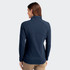 A navy women's half zip top with a high collar and fitted design, featuring a branding logo.