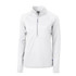A women's white half-zip top with long sleeves, featuring a zippered neck and a logo on the side.