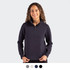 A women's half zip jacket in navy with a collar and long sleeves, featuring a logo on the chest.