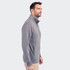 A men's half zip jacket in grey, featuring a collar and zippered pockets, with a logo on the chest.