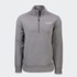 A grey half-zip jacket with long sleeves and a logo on the chest.
