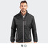 A men's black quilted jacket with a zip-up front and a stand-up collar, featuring a logo.