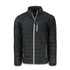 A black mens jacket with a quilted design, featuring grey zippers and a logo on the sleeve.