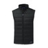 A black men's hybrid vest with a zip front and a high collar, featuring a logo on the hem.