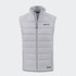 A light grey men's hybrid vest featuring a zip front and padded design, with a logo on the upper left.