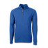 A blue half-zip pullover with long sleeves, featuring a zipper and a subtle logo.