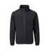 A black full zip jacket with a high collar and long sleeves, featuring a logo on the chest.