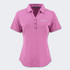 A pink women's polo shirt featuring a collar and three buttons, with a logo on the front.