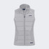 A light grey women's hybrid vest with a zip front and a logo on the chest. It features a padded design.